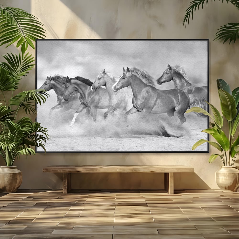 Tablou Canvas Premium, LuxCanva® M1348, Chemarea Instinctului, Alb si Negru, Libertate, Cai, Galop, Viteza, Praf, Grup, Miscare, Animal, Salbaticie, Birou, Living, Camera Copil
