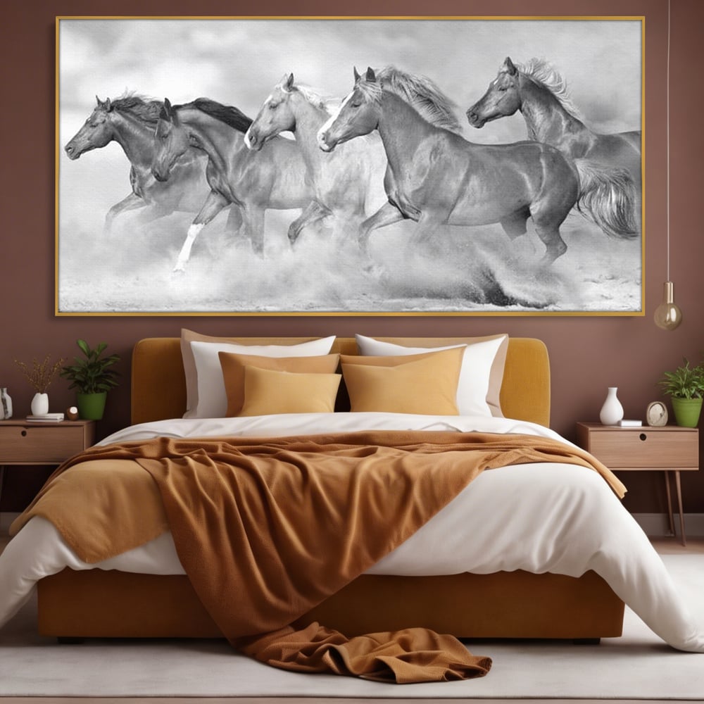Tablou Canvas Premium, LuxCanva® M1348, Chemarea Instinctului, Alb si Negru, Libertate, Cai, Galop, Viteza, Praf, Grup, Miscare, Animal, Salbaticie, Birou, Living, Camera Copil
