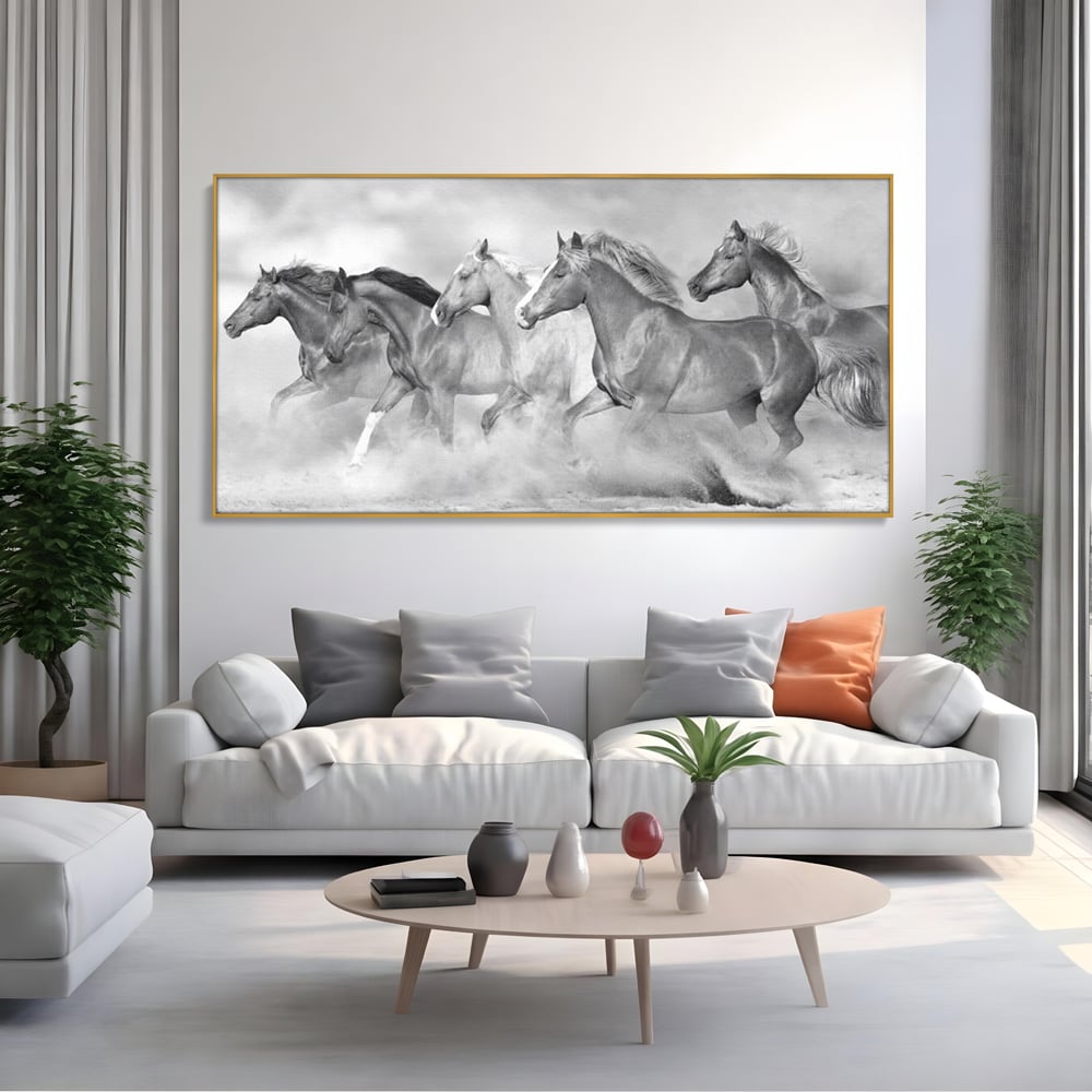 Tablou Canvas Premium, LuxCanva® M1348, Chemarea Instinctului, Alb si Negru, Libertate, Cai, Galop, Viteza, Praf, Grup, Miscare, Animal, Salbaticie, Birou, Living, Camera Copil