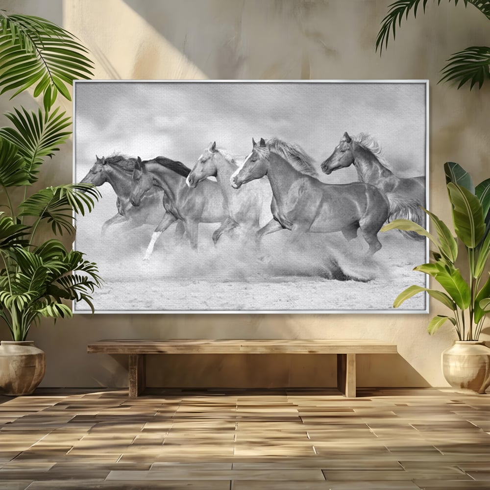 Tablou Canvas Premium, LuxCanva® M1348, Chemarea Instinctului, Alb si Negru, Libertate, Cai, Galop, Viteza, Praf, Grup, Miscare, Animal, Salbaticie, Birou, Living, Camera Copil