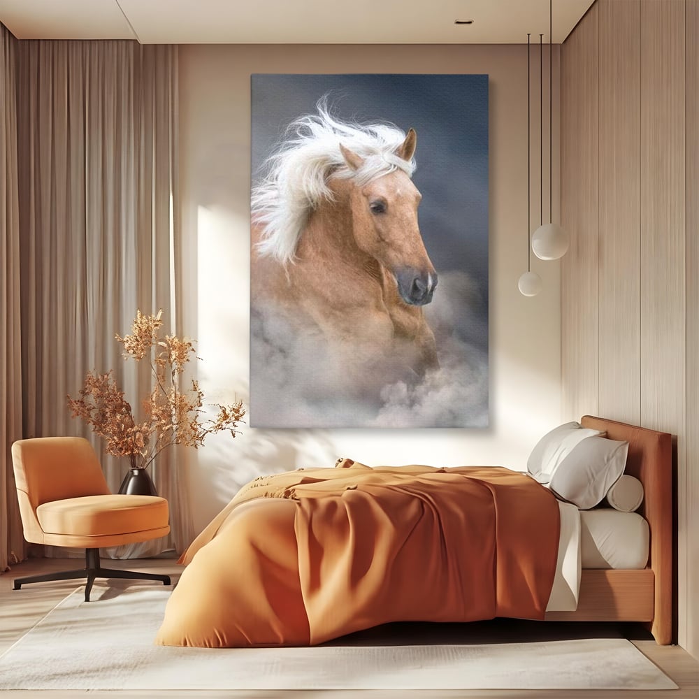 Tablou Canvas Premium, LuxCanva® M1349, Imblanzitorul Vantului, Armasar, Coama, Realist, Furtuna, Viteza, Ceata, Eleganta, Energie, Portret, Galop, Birou, Living, Camera Copil