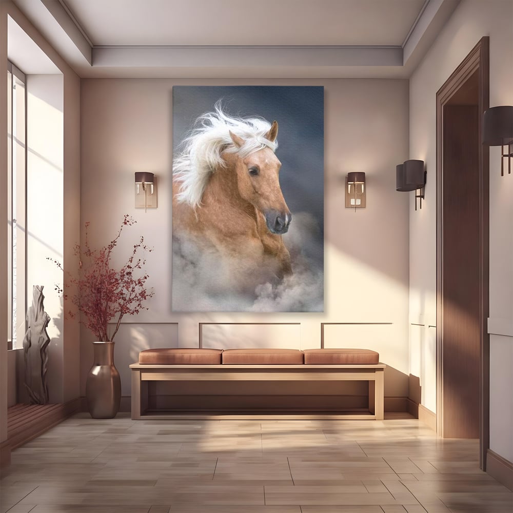 Tablou Canvas Premium, LuxCanva® M1349, Imblanzitorul Vantului, Armasar, Coama, Realist, Furtuna, Viteza, Ceata, Eleganta, Energie, Portret, Galop, Birou, Living, Camera Copil