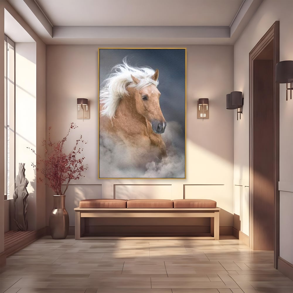 Tablou Canvas Premium, LuxCanva® M1349, Imblanzitorul Vantului, Armasar, Coama, Realist, Furtuna, Viteza, Ceata, Eleganta, Energie, Portret, Galop, Birou, Living, Camera Copil