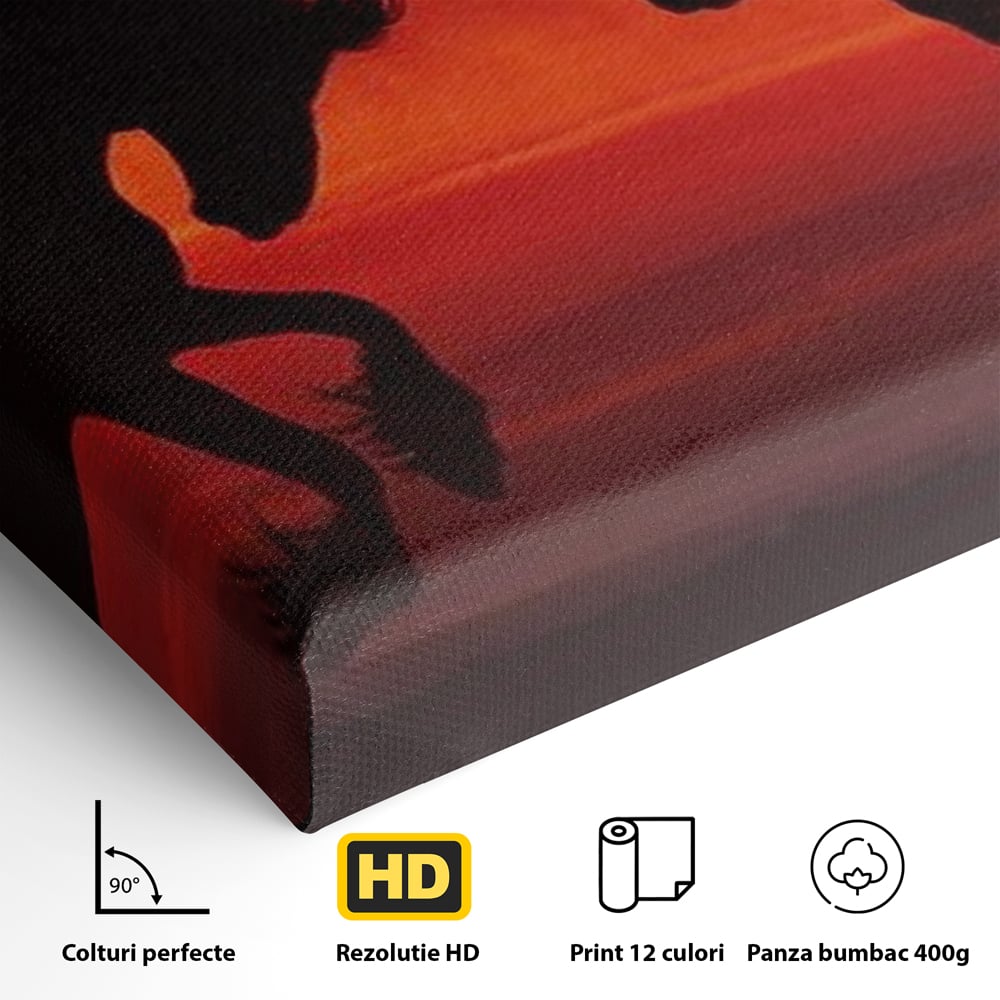 Tablou Canvas Premium, LuxCanva® M1350, Dans in Flacarile Apusului, Siluete, Cai, Umbre, Dans, Apus, Orizont, Cer, Rosu, Spirit, Libertate, Birou, Living, Camera Copil