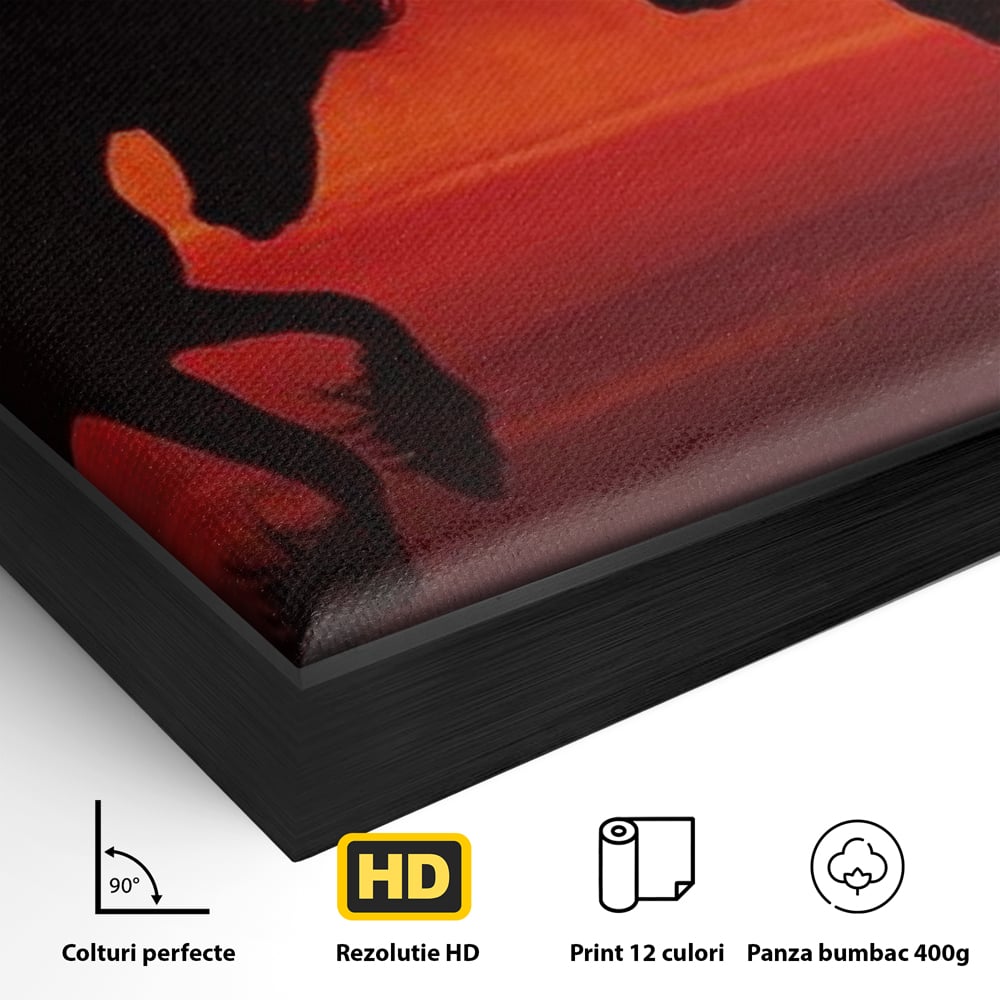 Tablou Canvas Premium, LuxCanva® M1350, Dans in Flacarile Apusului, Siluete, Cai, Umbre, Dans, Apus, Orizont, Cer, Rosu, Spirit, Libertate, Birou, Living, Camera Copil