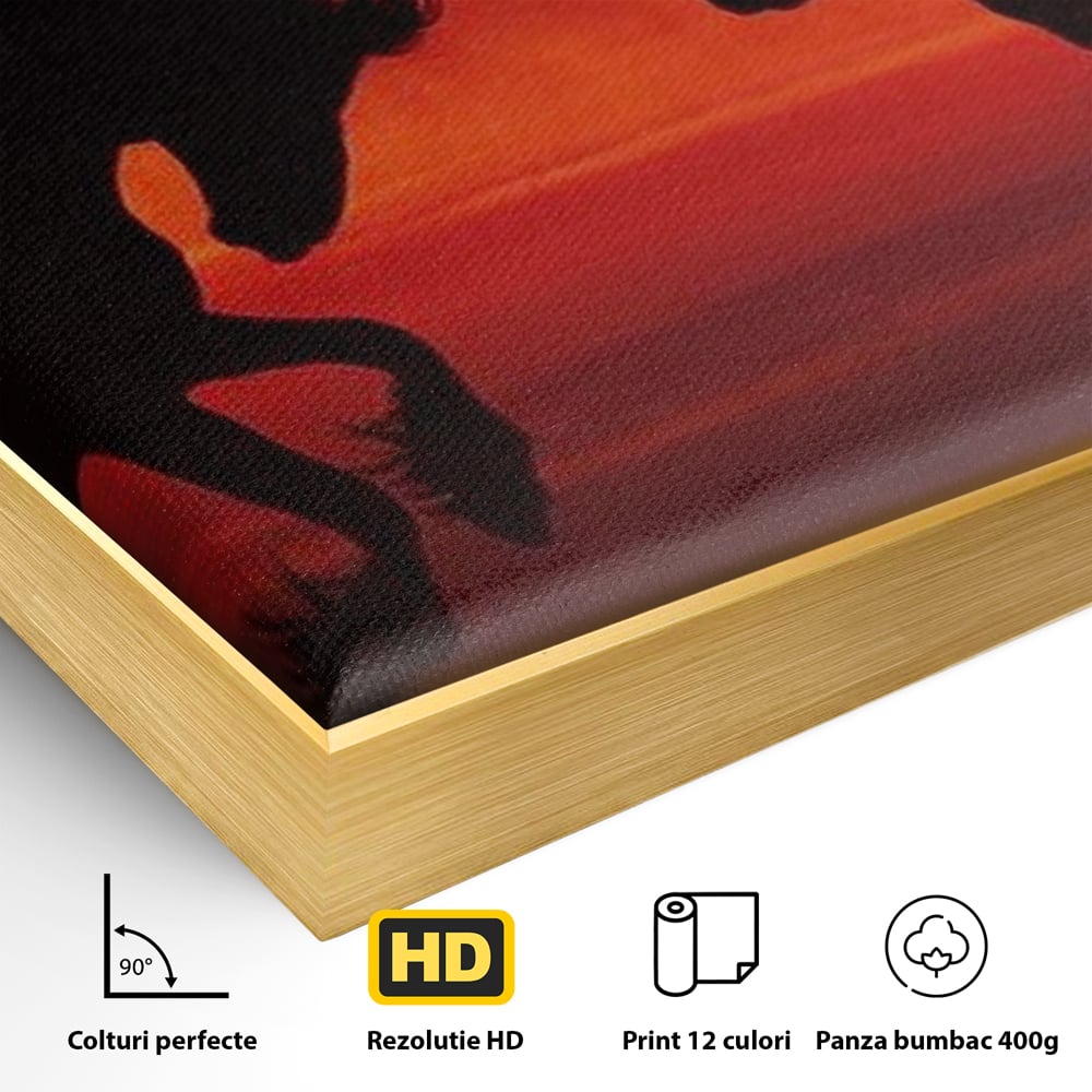 Tablou Canvas Premium, LuxCanva® M1350, Dans in Flacarile Apusului, Siluete, Cai, Umbre, Dans, Apus, Orizont, Cer, Rosu, Spirit, Libertate, Birou, Living, Camera Copil