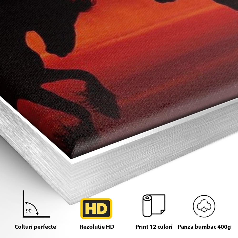 Tablou Canvas Premium, LuxCanva® M1350, Dans in Flacarile Apusului, Siluete, Cai, Umbre, Dans, Apus, Orizont, Cer, Rosu, Spirit, Libertate, Birou, Living, Camera Copil