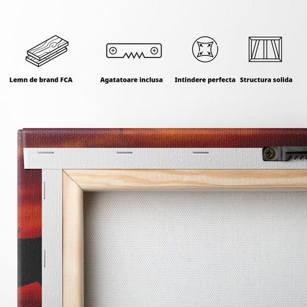 Tablou Canvas Premium, LuxCanva® M1350, Dans in Flacarile Apusului, Siluete, Cai, Umbre, Dans, Apus, Orizont, Cer, Rosu, Spirit, Libertate, Birou, Living, Camera Copil
