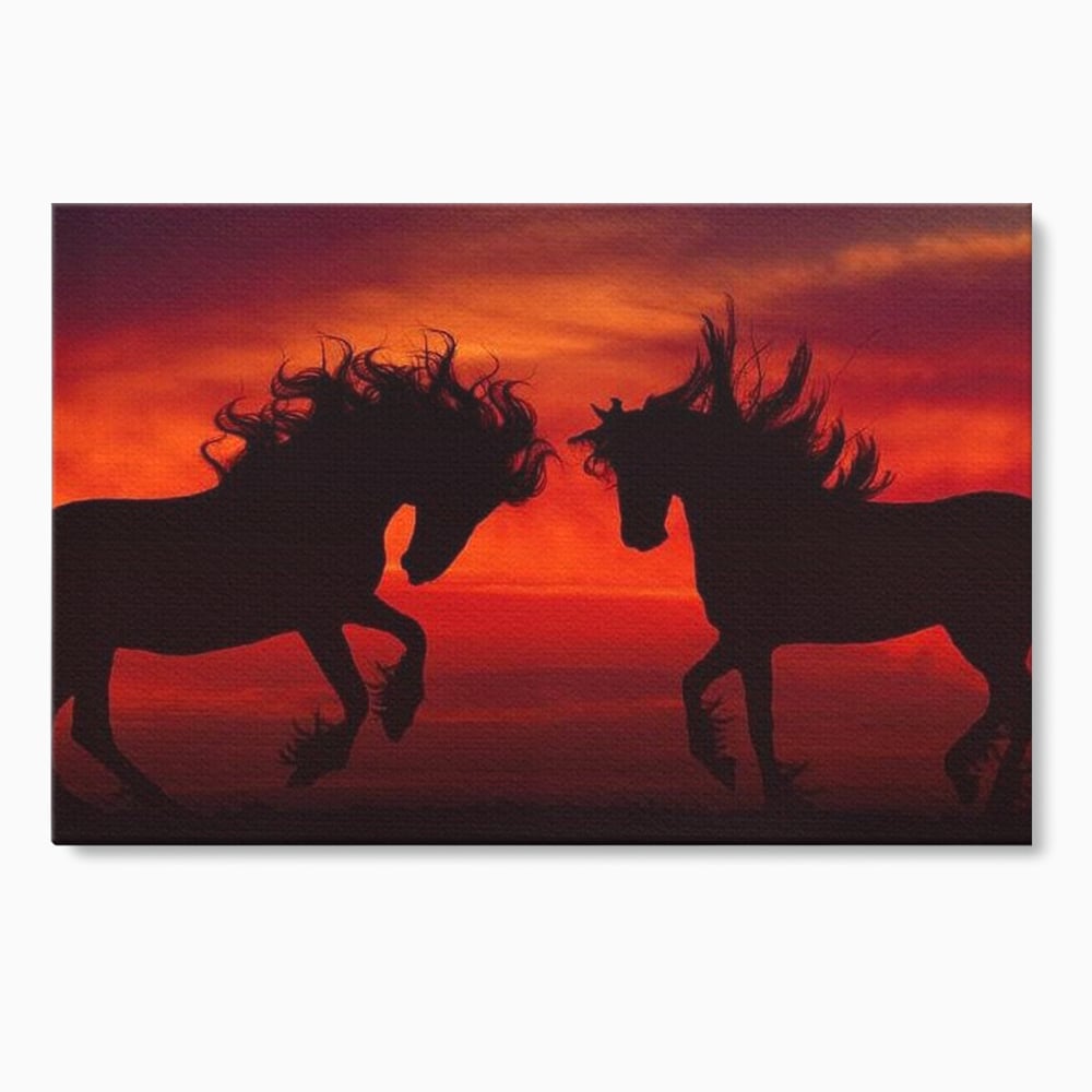 Tablou Canvas Premium, LuxCanva® M1350, Dans in Flacarile Apusului, Siluete, Cai, Umbre, Dans, Apus, Orizont, Cer, Rosu, Spirit, Libertate, Birou, Living, Camera Copil