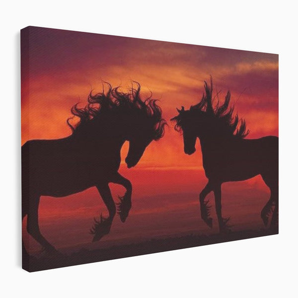 Tablou Canvas Premium, LuxCanva® M1350, Dans in Flacarile Apusului, Siluete, Cai, Umbre, Dans, Apus, Orizont, Cer, Rosu, Spirit, Libertate, Birou, Living, Camera Copil