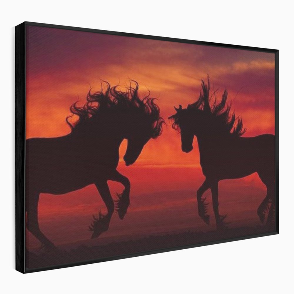 Tablou Canvas Premium, LuxCanva® M1350, Dans in Flacarile Apusului, Siluete, Cai, Umbre, Dans, Apus, Orizont, Cer, Rosu, Spirit, Libertate, Birou, Living, Camera Copil