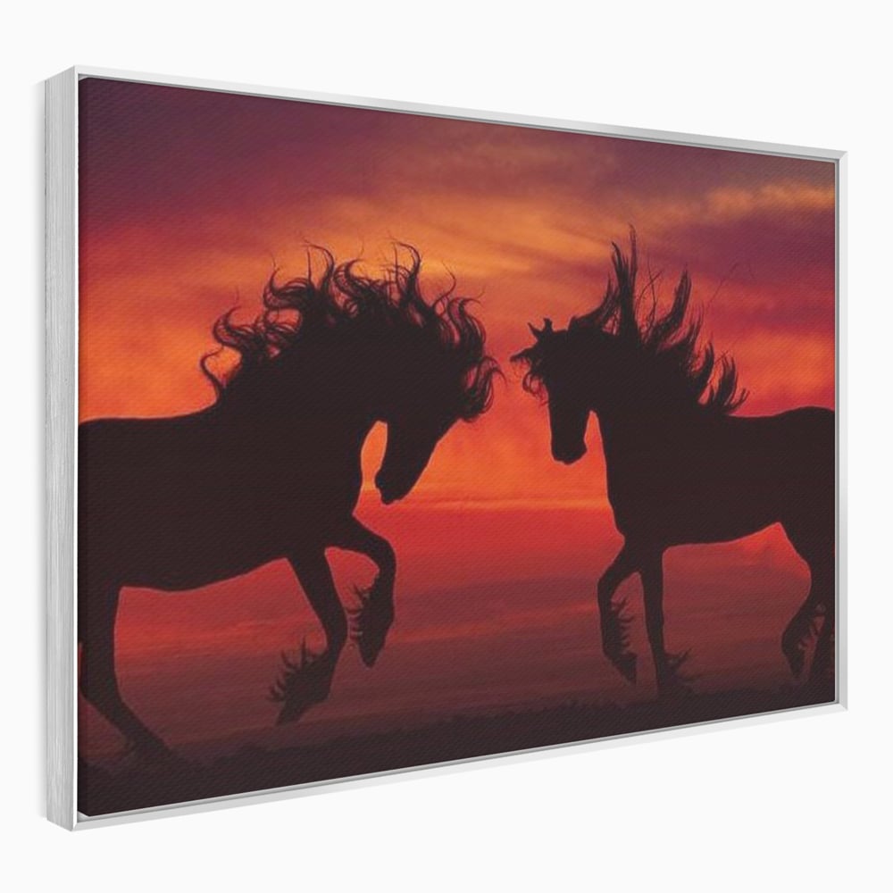 Tablou Canvas Premium, LuxCanva® M1350, Dans in Flacarile Apusului, Siluete, Cai, Umbre, Dans, Apus, Orizont, Cer, Rosu, Spirit, Libertate, Birou, Living, Camera Copil