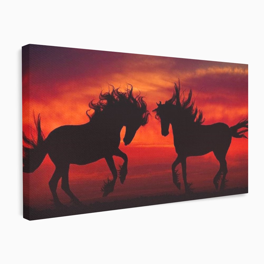 Tablou Canvas Premium, LuxCanva® M1350, Dans in Flacarile Apusului, Siluete, Cai, Umbre, Dans, Apus, Orizont, Cer, Rosu, Spirit, Libertate, Birou, Living, Camera Copil
