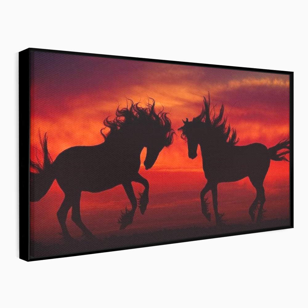 Tablou Canvas Premium, LuxCanva® M1350, Dans in Flacarile Apusului, Siluete, Cai, Umbre, Dans, Apus, Orizont, Cer, Rosu, Spirit, Libertate, Birou, Living, Camera Copil