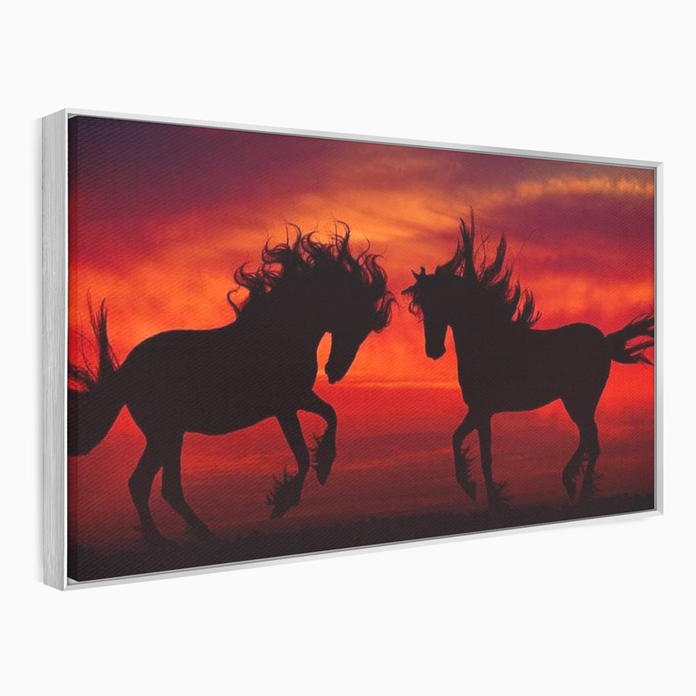 Tablou Canvas Premium, LuxCanva® M1350, Dans in Flacarile Apusului, Siluete, Cai, Umbre, Dans, Apus, Orizont, Cer, Rosu, Spirit, Libertate, Birou, Living, Camera Copil