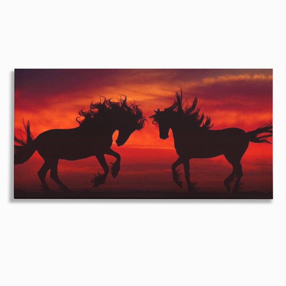 Tablou Canvas Premium, LuxCanva® M1350, Dans in Flacarile Apusului, Siluete, Cai, Umbre, Dans, Apus, Orizont, Cer, Rosu, Spirit, Libertate, Birou, Living, Camera Copil