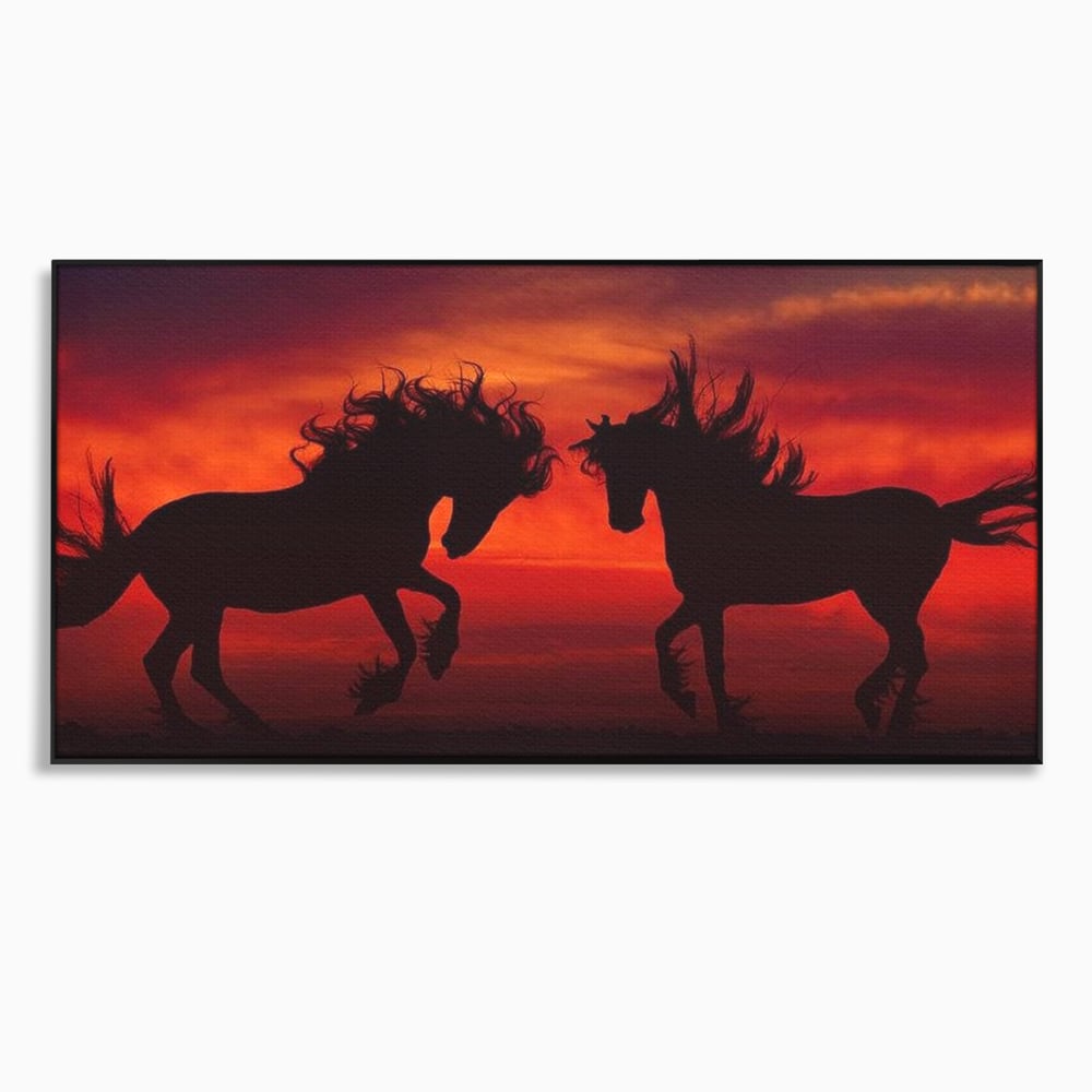 Tablou Canvas Premium, LuxCanva® M1350, Dans in Flacarile Apusului, Siluete, Cai, Umbre, Dans, Apus, Orizont, Cer, Rosu, Spirit, Libertate, Birou, Living, Camera Copil