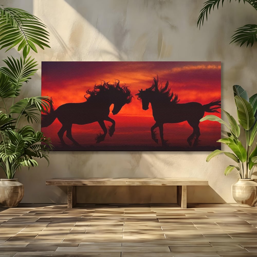 Tablou Canvas Premium, LuxCanva® M1350, Dans in Flacarile Apusului, Siluete, Cai, Umbre, Dans, Apus, Orizont, Cer, Rosu, Spirit, Libertate, Birou, Living, Camera Copil