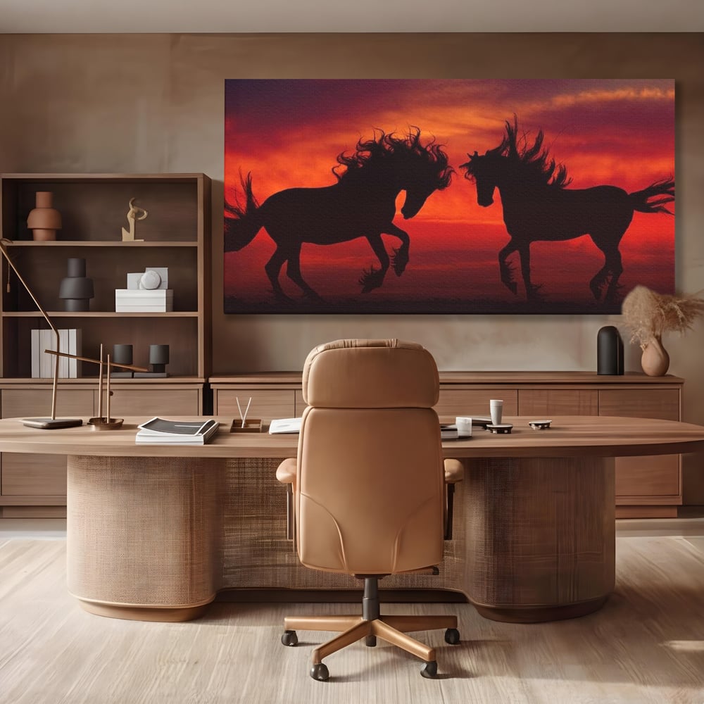 Tablou Canvas Premium, LuxCanva® M1350, Dans in Flacarile Apusului, Siluete, Cai, Umbre, Dans, Apus, Orizont, Cer, Rosu, Spirit, Libertate, Birou, Living, Camera Copil