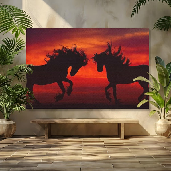 Tablou Canvas Premium, LuxCanva® M1350, Dans in Flacarile Apusului, Siluete, Cai, Umbre, Dans, Apus, Orizont, Cer, Rosu, Spirit, Libertate, Birou, Living, Camera Copil