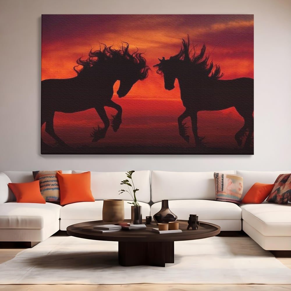 Tablou Canvas Premium, LuxCanva® M1350, Dans in Flacarile Apusului, Siluete, Cai, Umbre, Dans, Apus, Orizont, Cer, Rosu, Spirit, Libertate, Birou, Living, Camera Copil