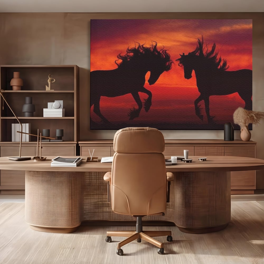 Tablou Canvas Premium, LuxCanva® M1350, Dans in Flacarile Apusului, Siluete, Cai, Umbre, Dans, Apus, Orizont, Cer, Rosu, Spirit, Libertate, Birou, Living, Camera Copil