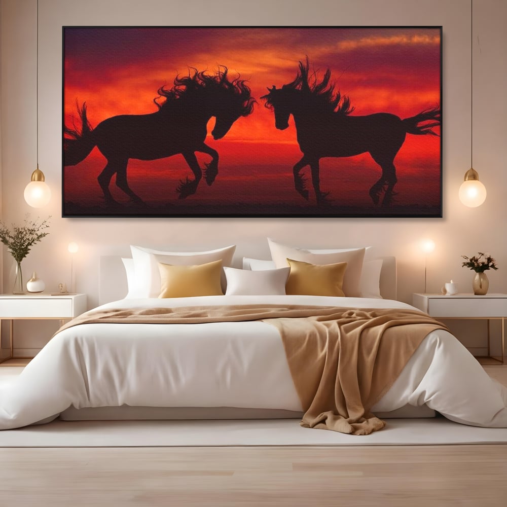 Tablou Canvas Premium, LuxCanva® M1350, Dans in Flacarile Apusului, Siluete, Cai, Umbre, Dans, Apus, Orizont, Cer, Rosu, Spirit, Libertate, Birou, Living, Camera Copil