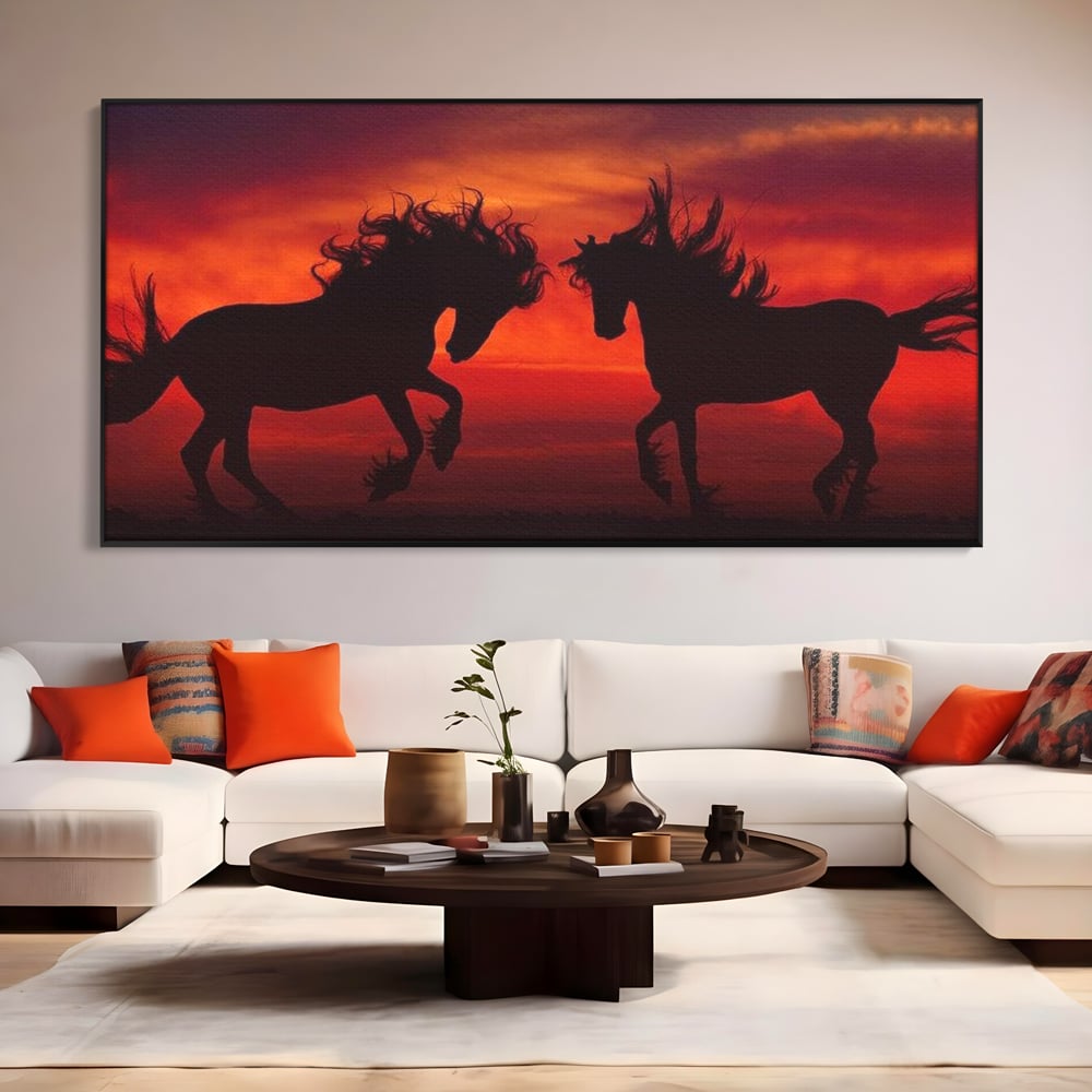 Tablou Canvas Premium, LuxCanva® M1350, Dans in Flacarile Apusului, Siluete, Cai, Umbre, Dans, Apus, Orizont, Cer, Rosu, Spirit, Libertate, Birou, Living, Camera Copil
