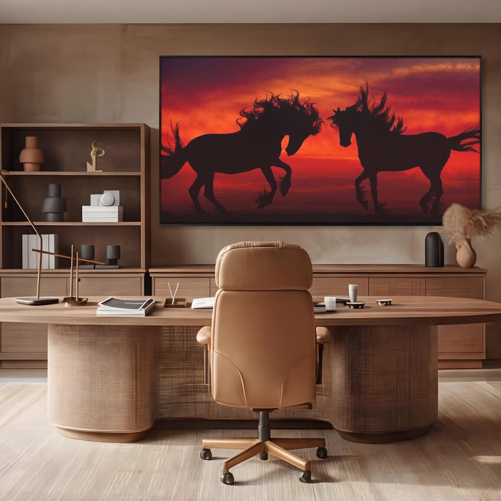 Tablou Canvas Premium, LuxCanva® M1350, Dans in Flacarile Apusului, Siluete, Cai, Umbre, Dans, Apus, Orizont, Cer, Rosu, Spirit, Libertate, Birou, Living, Camera Copil