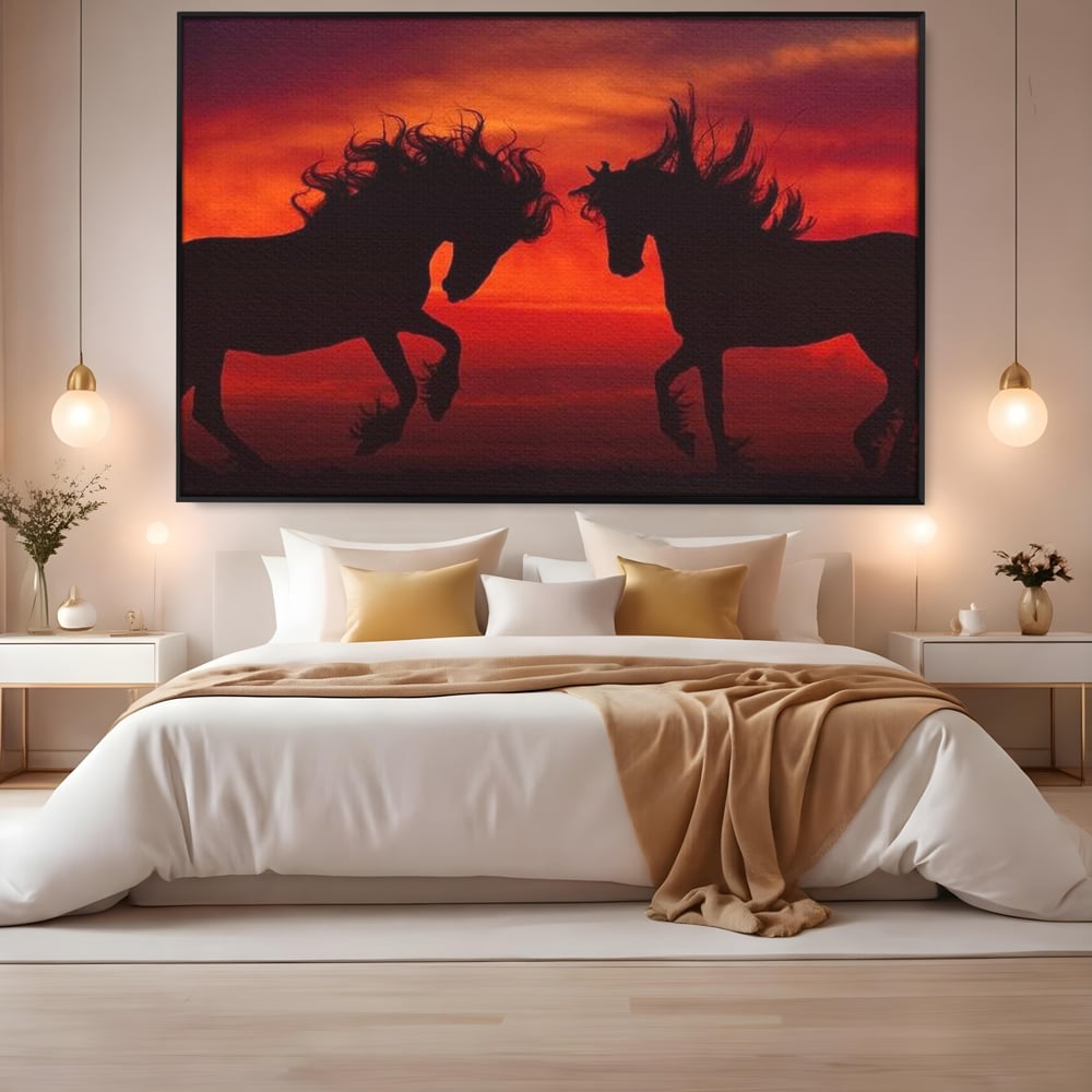 Tablou Canvas Premium, LuxCanva® M1350, Dans in Flacarile Apusului, Siluete, Cai, Umbre, Dans, Apus, Orizont, Cer, Rosu, Spirit, Libertate, Birou, Living, Camera Copil