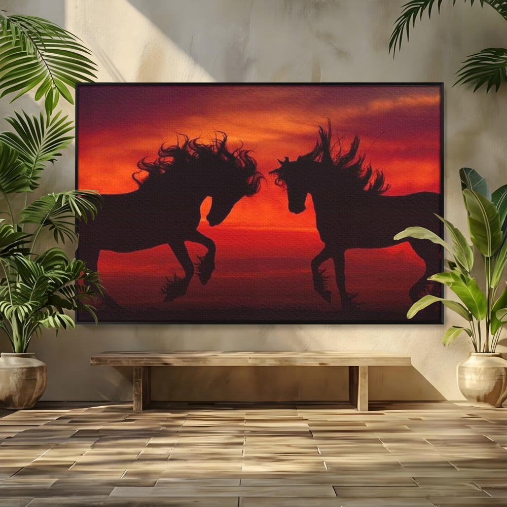 Tablou Canvas Premium, LuxCanva® M1350, Dans in Flacarile Apusului, Siluete, Cai, Umbre, Dans, Apus, Orizont, Cer, Rosu, Spirit, Libertate, Birou, Living, Camera Copil