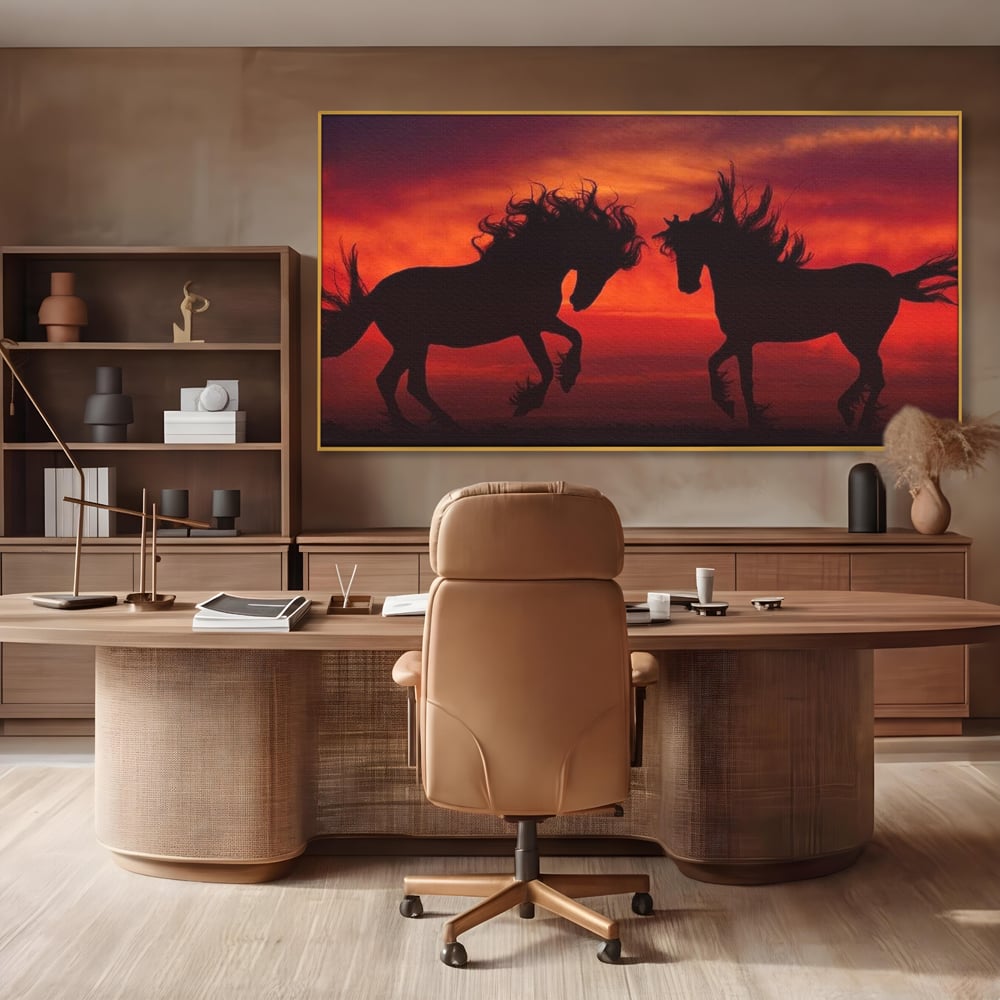Tablou Canvas Premium, LuxCanva® M1350, Dans in Flacarile Apusului, Siluete, Cai, Umbre, Dans, Apus, Orizont, Cer, Rosu, Spirit, Libertate, Birou, Living, Camera Copil