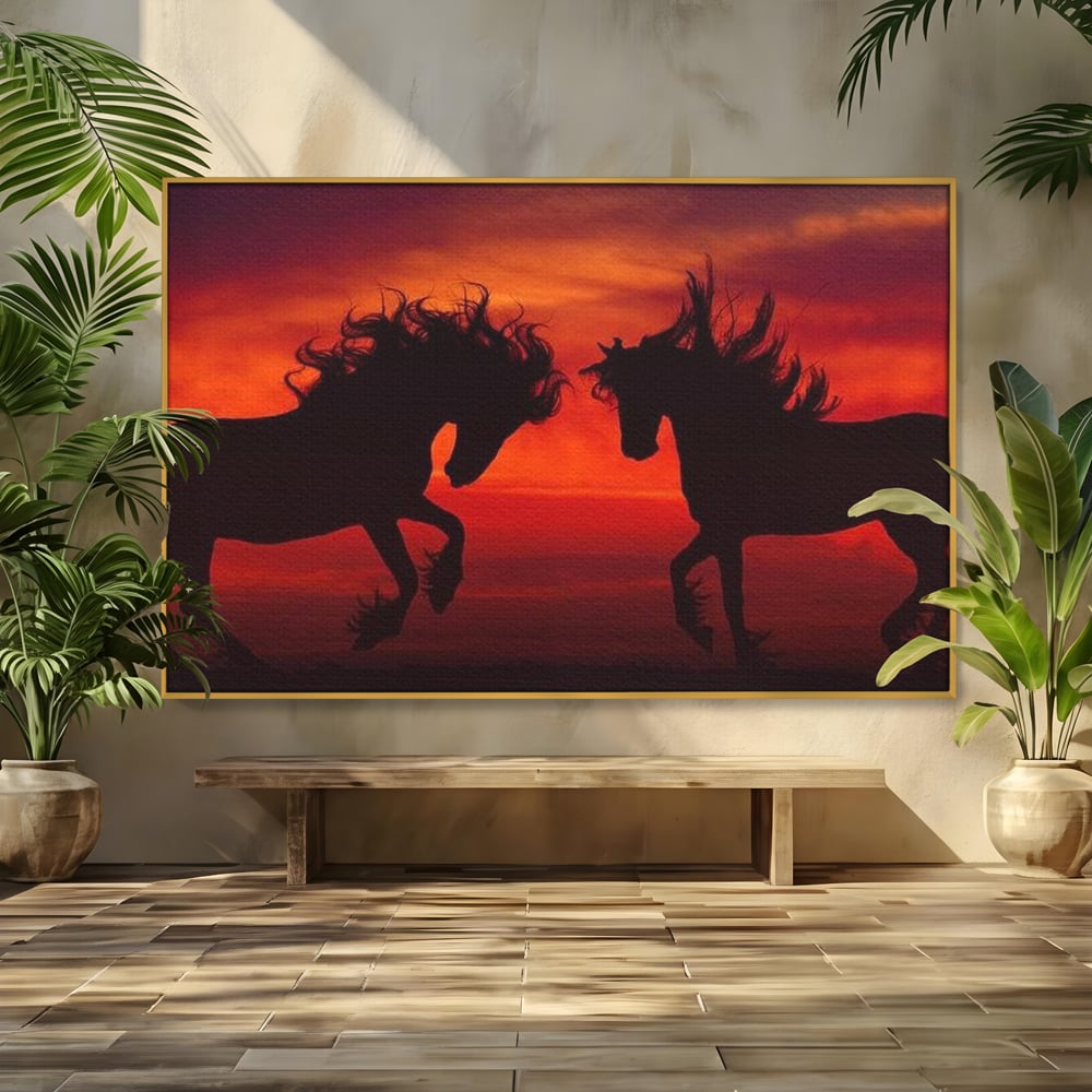 Tablou Canvas Premium, LuxCanva® M1350, Dans in Flacarile Apusului, Siluete, Cai, Umbre, Dans, Apus, Orizont, Cer, Rosu, Spirit, Libertate, Birou, Living, Camera Copil