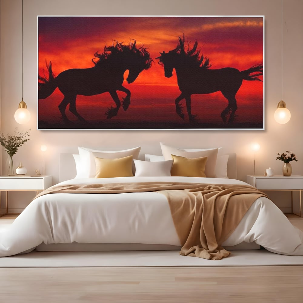 Tablou Canvas Premium, LuxCanva® M1350, Dans in Flacarile Apusului, Siluete, Cai, Umbre, Dans, Apus, Orizont, Cer, Rosu, Spirit, Libertate, Birou, Living, Camera Copil
