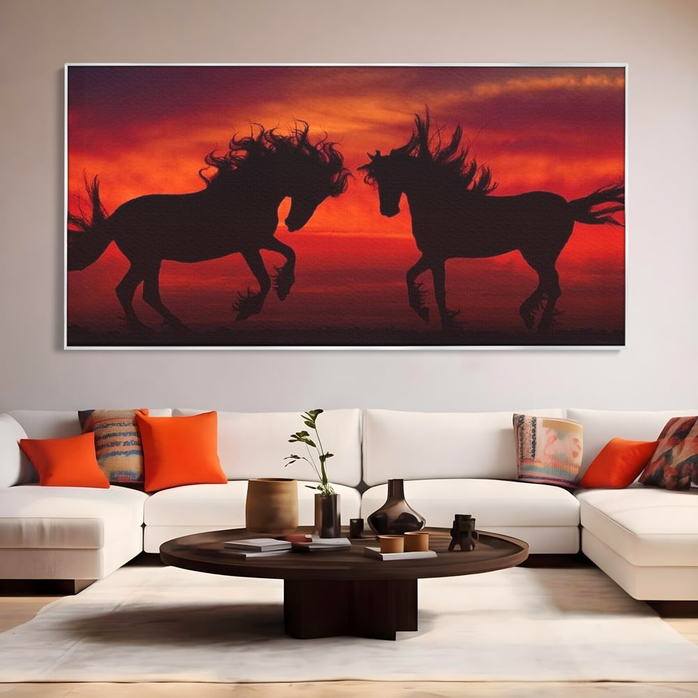 Tablou Canvas Premium, LuxCanva® M1350, Dans in Flacarile Apusului, Siluete, Cai, Umbre, Dans, Apus, Orizont, Cer, Rosu, Spirit, Libertate, Birou, Living, Camera Copil