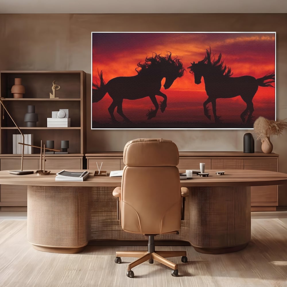 Tablou Canvas Premium, LuxCanva® M1350, Dans in Flacarile Apusului, Siluete, Cai, Umbre, Dans, Apus, Orizont, Cer, Rosu, Spirit, Libertate, Birou, Living, Camera Copil