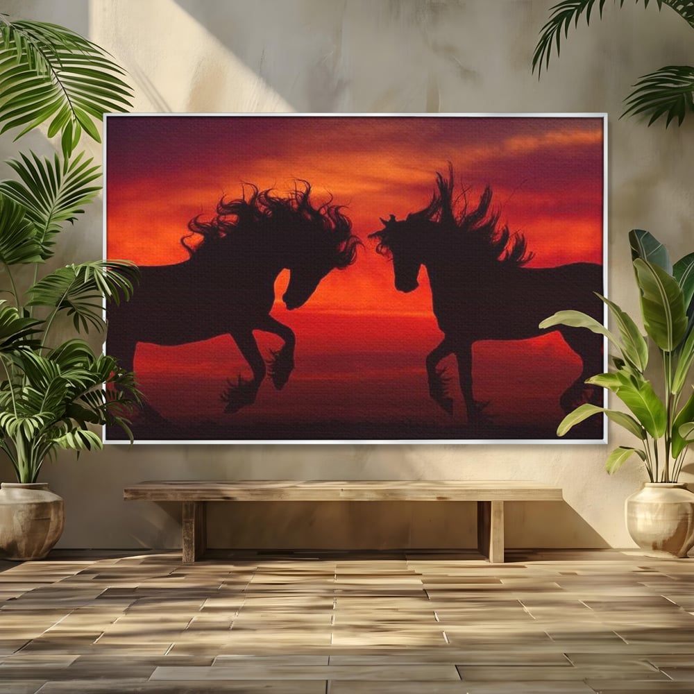 Tablou Canvas Premium, LuxCanva® M1350, Dans in Flacarile Apusului, Siluete, Cai, Umbre, Dans, Apus, Orizont, Cer, Rosu, Spirit, Libertate, Birou, Living, Camera Copil