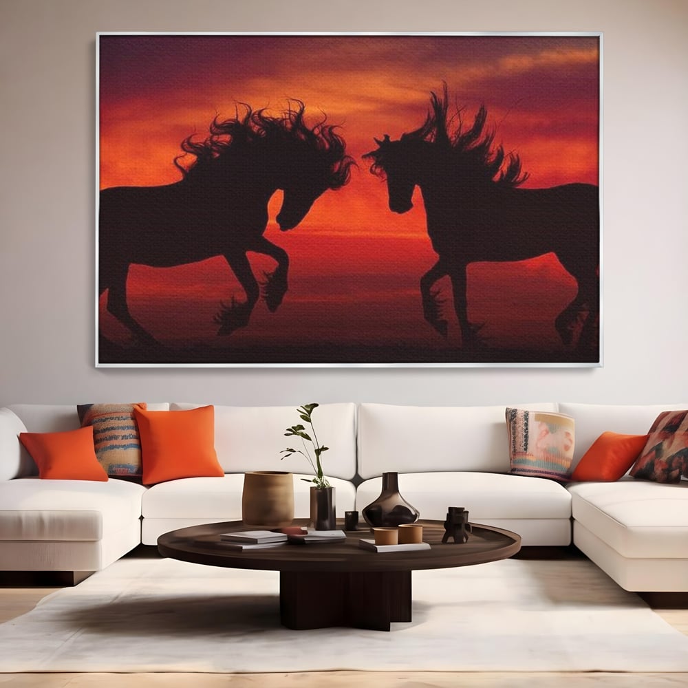 Tablou Canvas Premium, LuxCanva® M1350, Dans in Flacarile Apusului, Siluete, Cai, Umbre, Dans, Apus, Orizont, Cer, Rosu, Spirit, Libertate, Birou, Living, Camera Copil