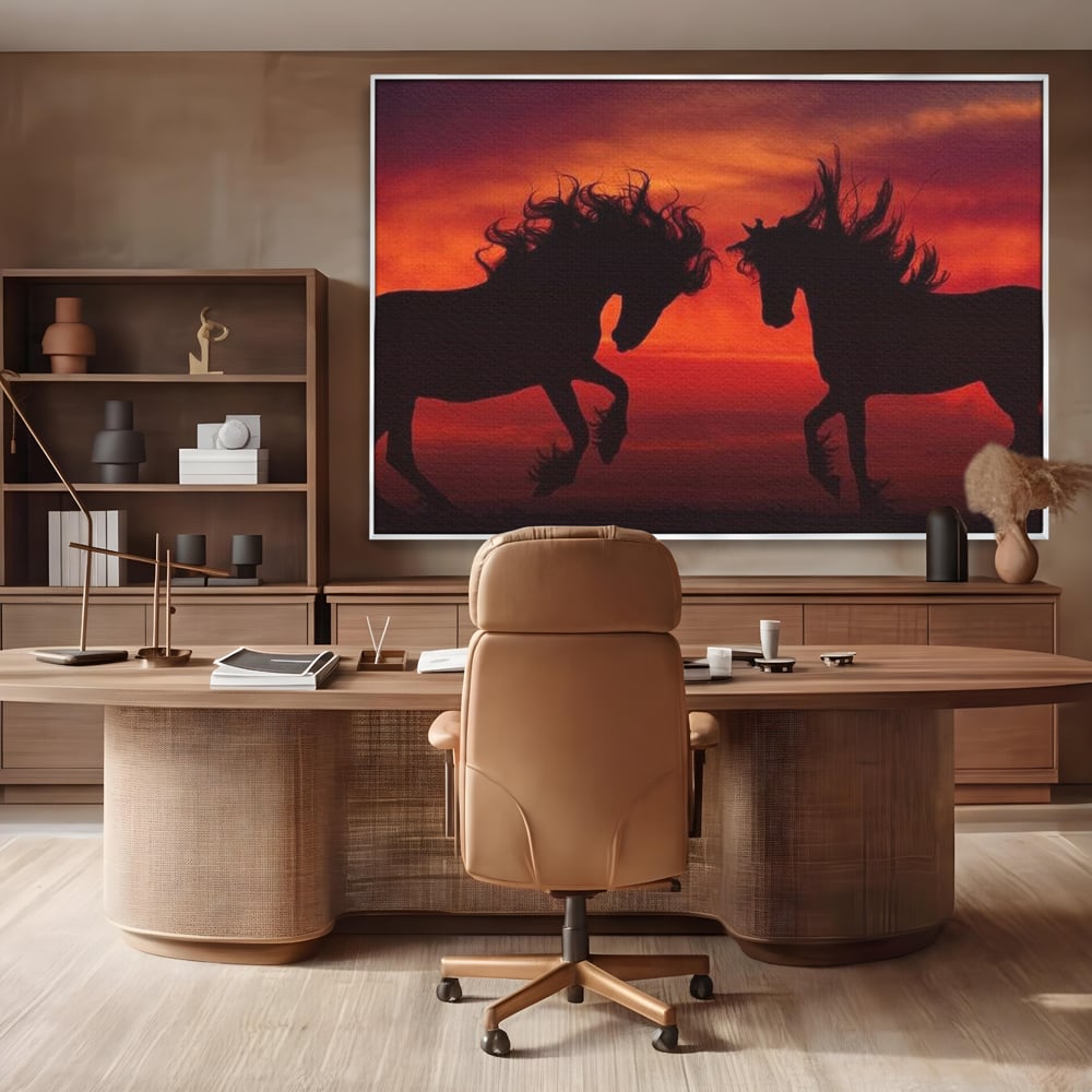 Tablou Canvas Premium, LuxCanva® M1350, Dans in Flacarile Apusului, Siluete, Cai, Umbre, Dans, Apus, Orizont, Cer, Rosu, Spirit, Libertate, Birou, Living, Camera Copil