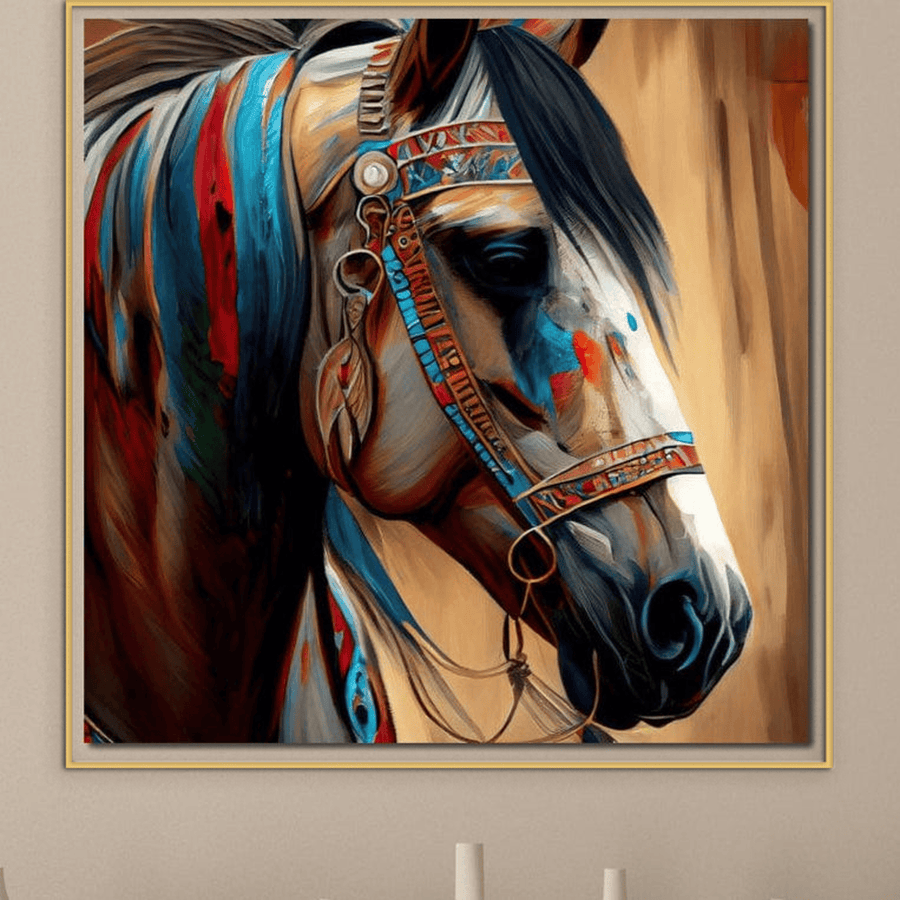 LuxCanva® Tablou Canvas Premium M1351 "Amintirea Strabunilor" prezintă un portret de cal decorat tribal, cu coama albastră și roșie, pictat pe panza bumbac premium, ideal pentru birou, living sau camera copilului.