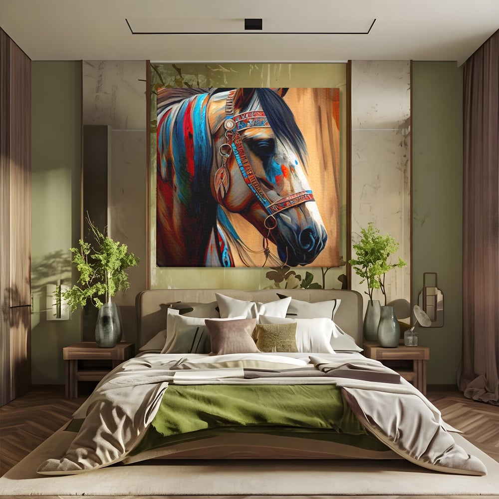 Tablou Canvas Premium, LuxCanva® M1351, Amintirea Strabunilor, Stravechi, Tribal, Etnic, Cal, Coama, Animal, Profil, Portret, Pictura, Salbatic, Birou, Living, Camera Copil