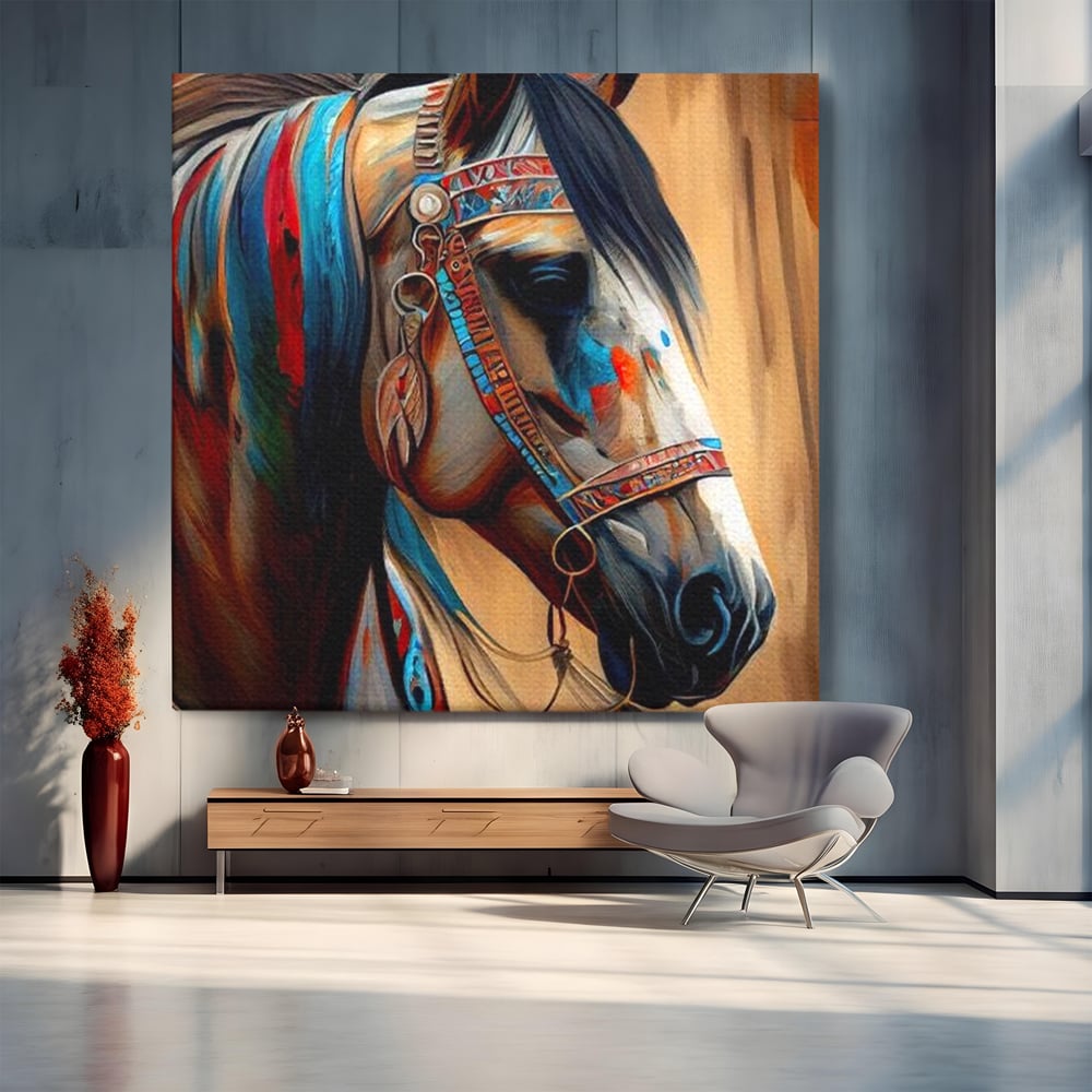Tablou Canvas Premium, LuxCanva® M1351, Amintirea Strabunilor, Stravechi, Tribal, Etnic, Cal, Coama, Animal, Profil, Portret, Pictura, Salbatic, Birou, Living, Camera Copil