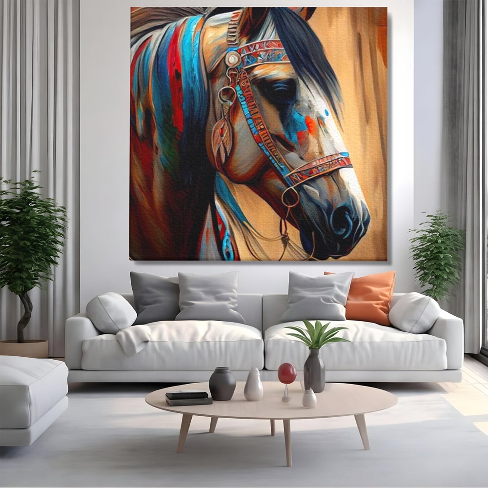Tablou Canvas Premium, LuxCanva® M1351, Amintirea Strabunilor, Stravechi, Tribal, Etnic, Cal, Coama, Animal, Profil, Portret, Pictura, Salbatic, Birou, Living, Camera Copil