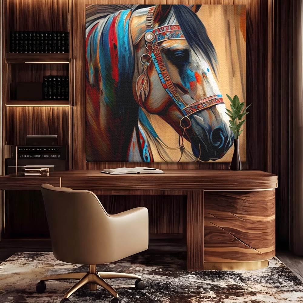 Tablou Canvas Premium, LuxCanva® M1351, Amintirea Strabunilor, Stravechi, Tribal, Etnic, Cal, Coama, Animal, Profil, Portret, Pictura, Salbatic, Birou, Living, Camera Copil