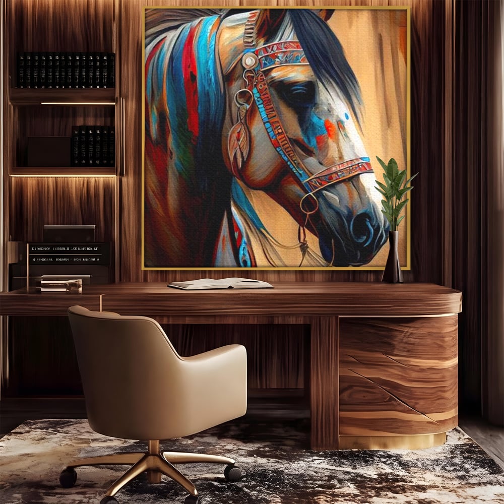 Tablou Canvas Premium, LuxCanva® M1351, Amintirea Strabunilor, Stravechi, Tribal, Etnic, Cal, Coama, Animal, Profil, Portret, Pictura, Salbatic, Birou, Living, Camera Copil