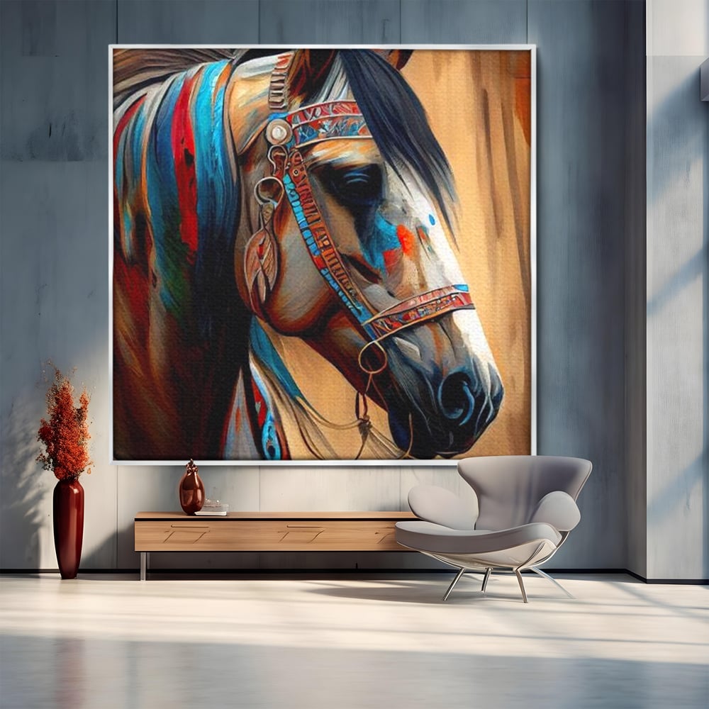 Tablou Canvas Premium, LuxCanva® M1351, Amintirea Strabunilor, Stravechi, Tribal, Etnic, Cal, Coama, Animal, Profil, Portret, Pictura, Salbatic, Birou, Living, Camera Copil