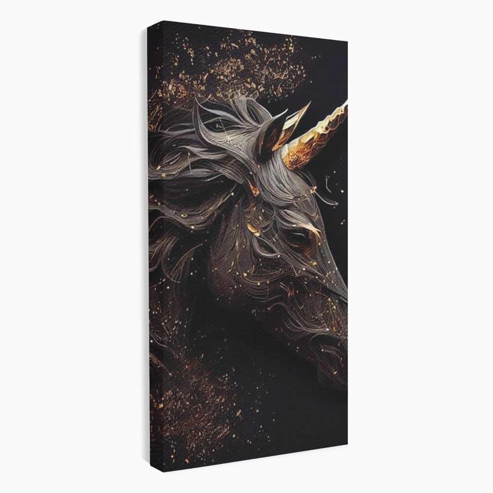 Tablou Canvas Premium, LuxCanva® M1352, Unicornul de Abanos, Unicorn, Portret, Vertical, Auriu, Abstract, Elegant, Mistic, Obscur, Intunecat, Birou, Living, Camera Copil