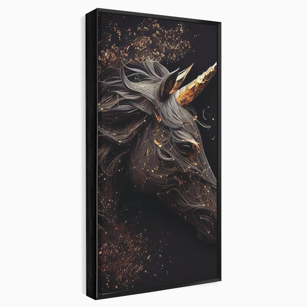 Tablou Canvas Premium, LuxCanva® M1352, Unicornul de Abanos, Unicorn, Portret, Vertical, Auriu, Abstract, Elegant, Mistic, Obscur, Intunecat, Birou, Living, Camera Copil
