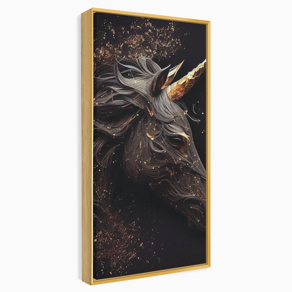 Tablou Canvas Premium, LuxCanva® M1352, Unicornul de Abanos, Unicorn, Portret, Vertical, Auriu, Abstract, Elegant, Mistic, Obscur, Intunecat, Birou, Living, Camera Copil