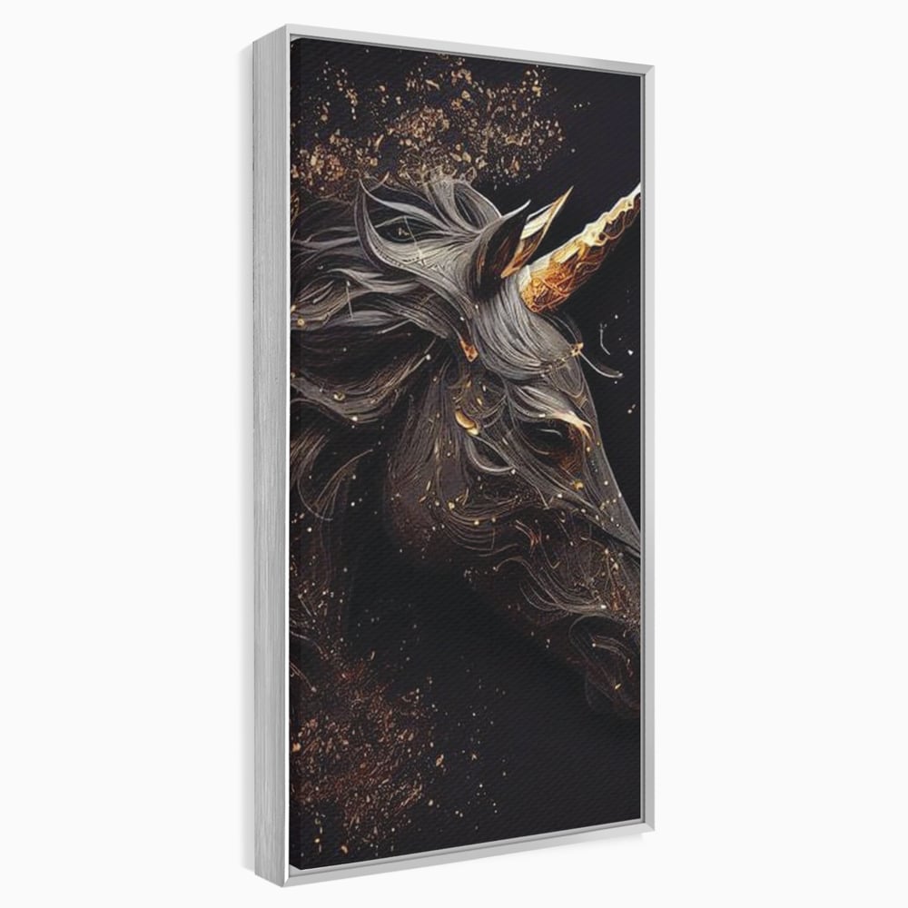 Tablou Canvas Premium, LuxCanva® M1352, Unicornul de Abanos, Unicorn, Portret, Vertical, Auriu, Abstract, Elegant, Mistic, Obscur, Intunecat, Birou, Living, Camera Copil